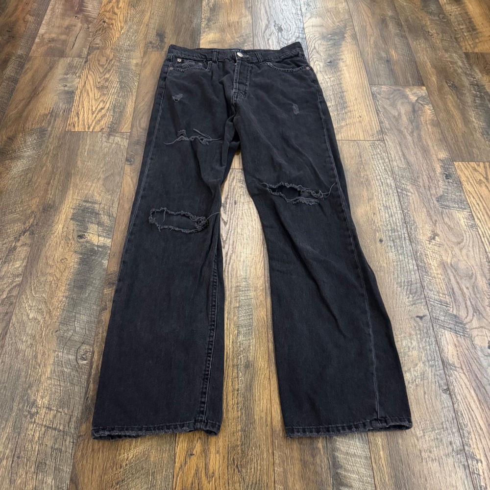 Aeropostale 90s Baggy Distressed Black Wide Leg Jeans Size 10 Button Fly Grunge